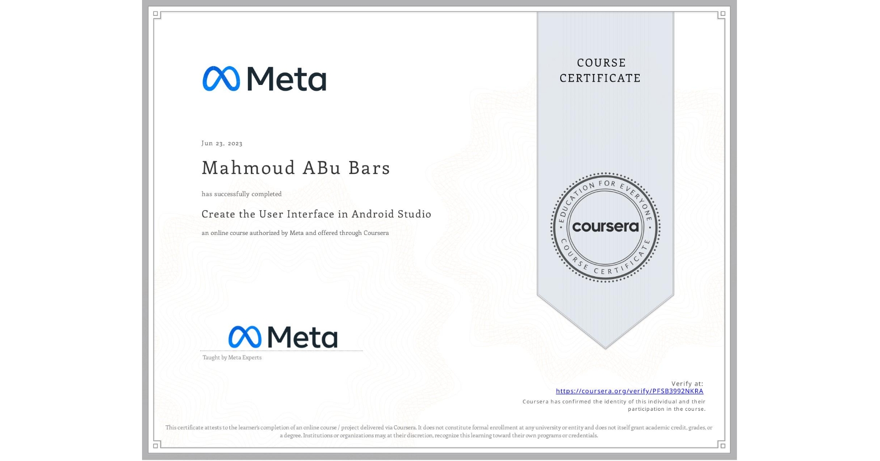 Create the User Interface in Android Studio certificate