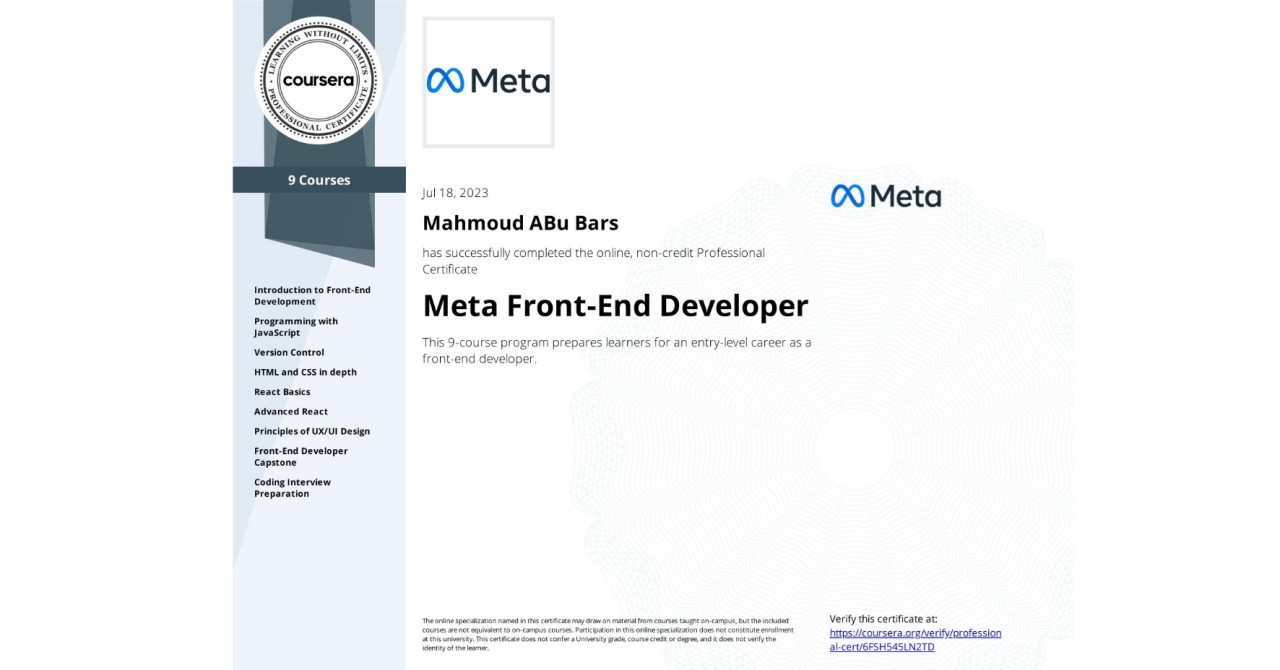 Meta Front-End Developer certificate