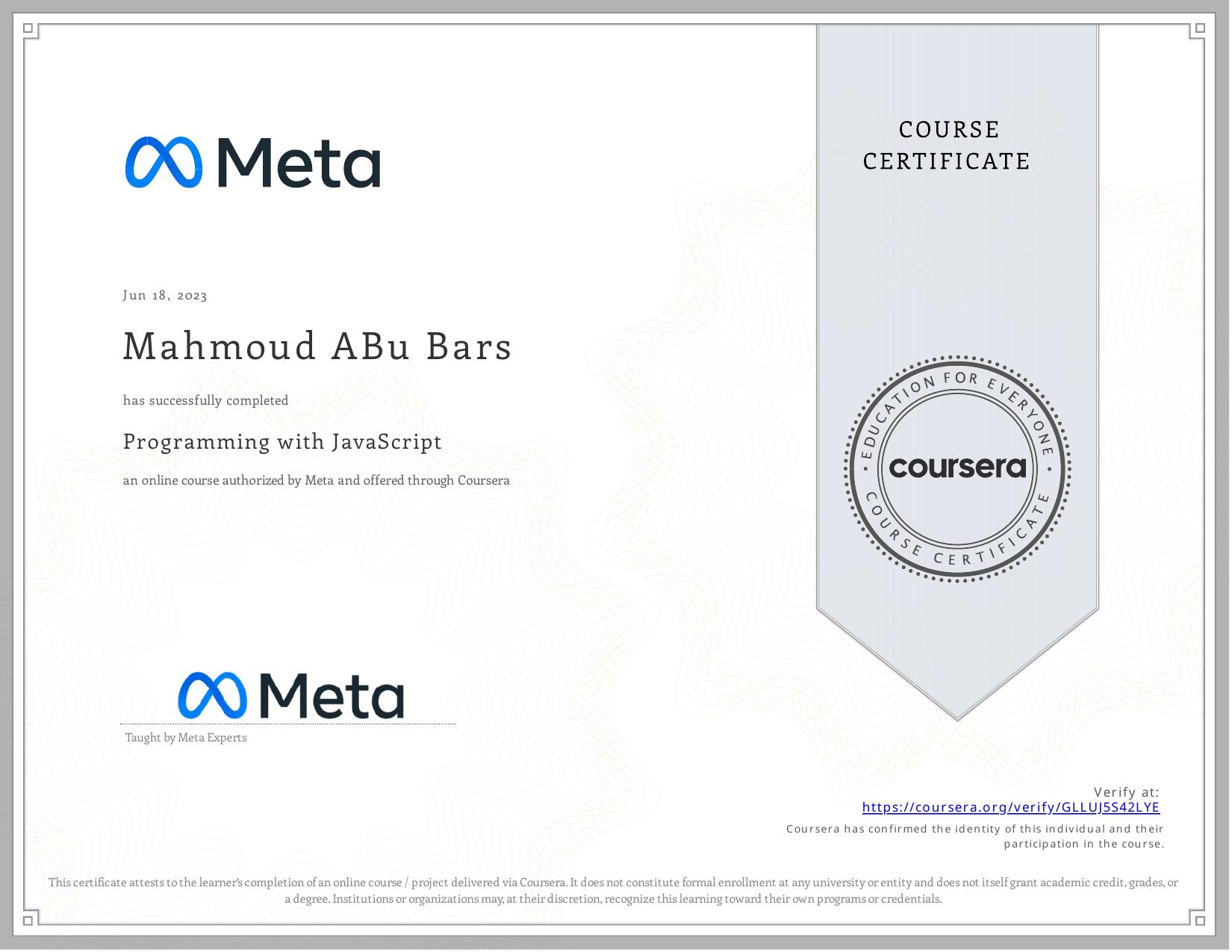 Programming with JavaScript certificate